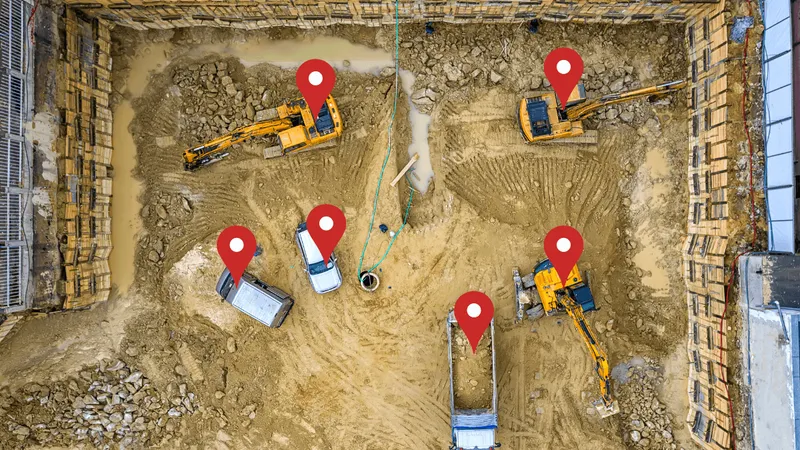 Aerial view of a construction site with multiple excavators and trucks, each marked with a location pin, indicating equipment tracking and management.