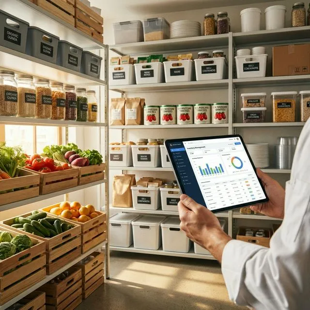 Restaurant inventory management - organized kitchen storage with digital inventory tracking