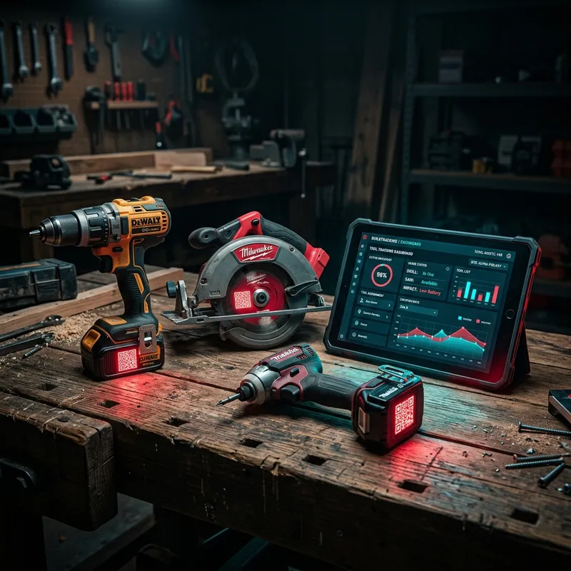 Construction tools on workbench with QR codes and tablet showing tool tracking software