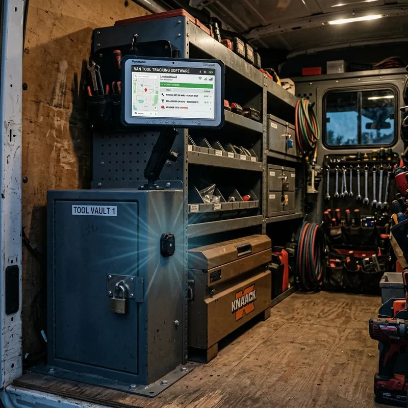 Inside view of trade van with locked tool vaults and a tablet displaying van tool tracking software
