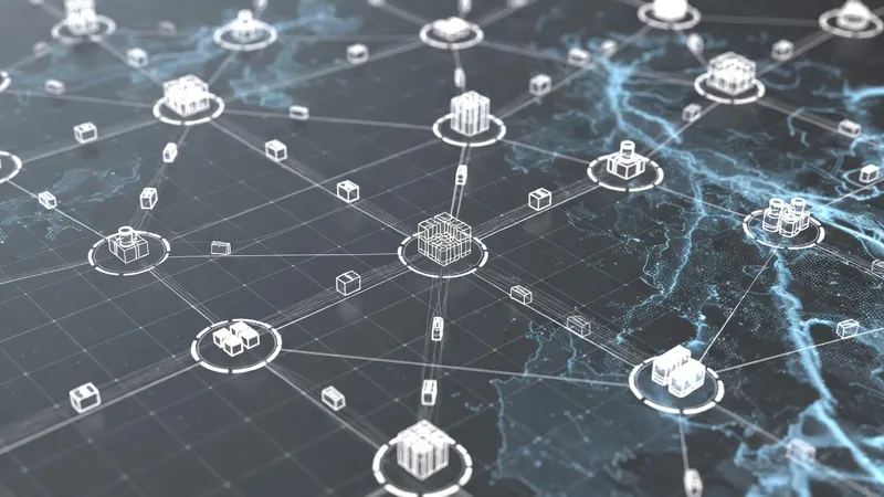 Multiple site locations connected by lines on a map with asset icons moving between them overlaid with AI neural network grid