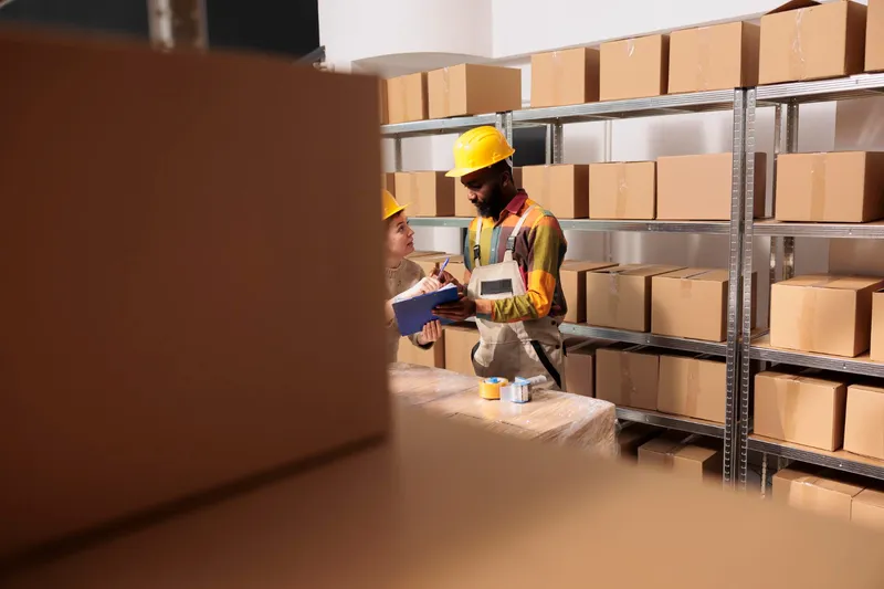 The business owner is inspecting nearly empty warehouse shelves due to an inventory shortage.