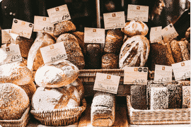 Bread baskets in a bakery