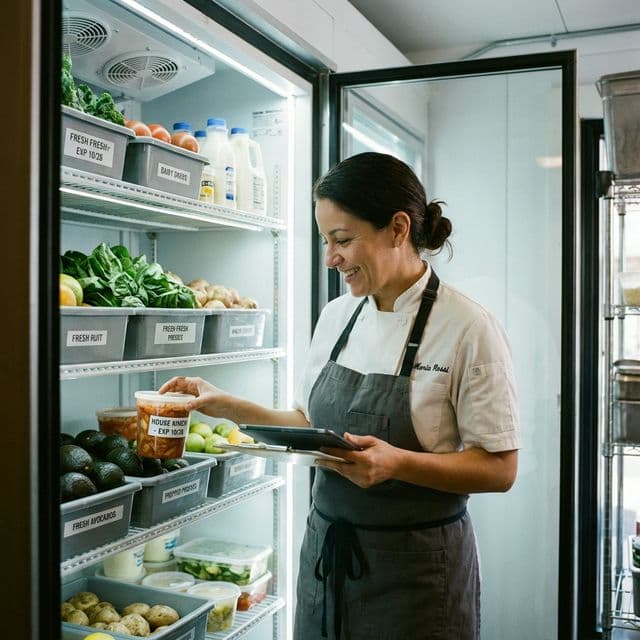 Restaurant manager conducting inventory check in walk-in cooler