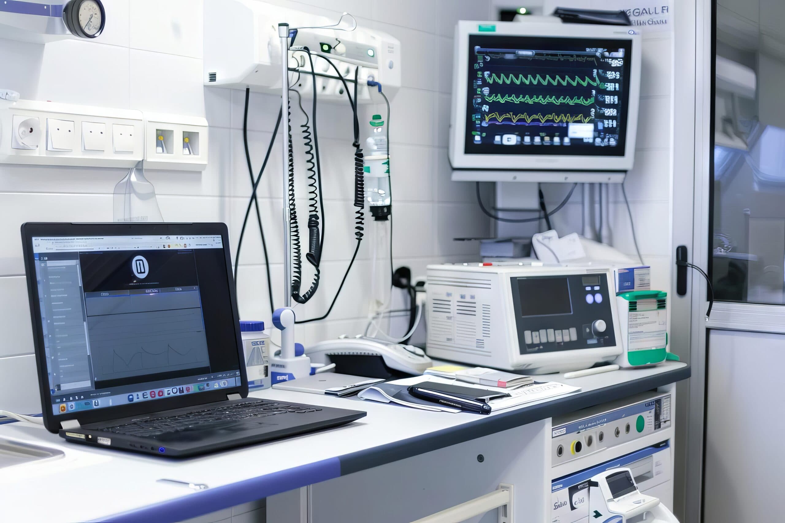 Hospital ward desk with a laptop, medical equipment, and patient files, illustrating healthcare administration and modern medical technology in a clinical setting.