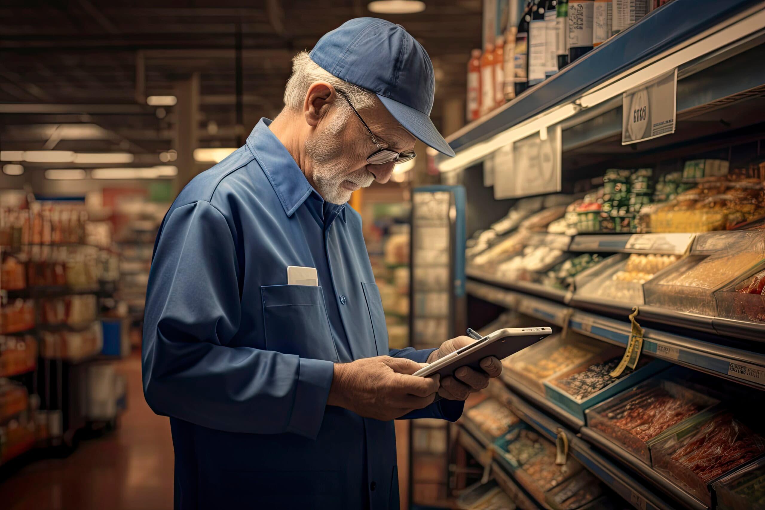 Senior grocer examining product details on a tablet in a supermarket aisle filled with various food items, focused on inventory management and quality control.