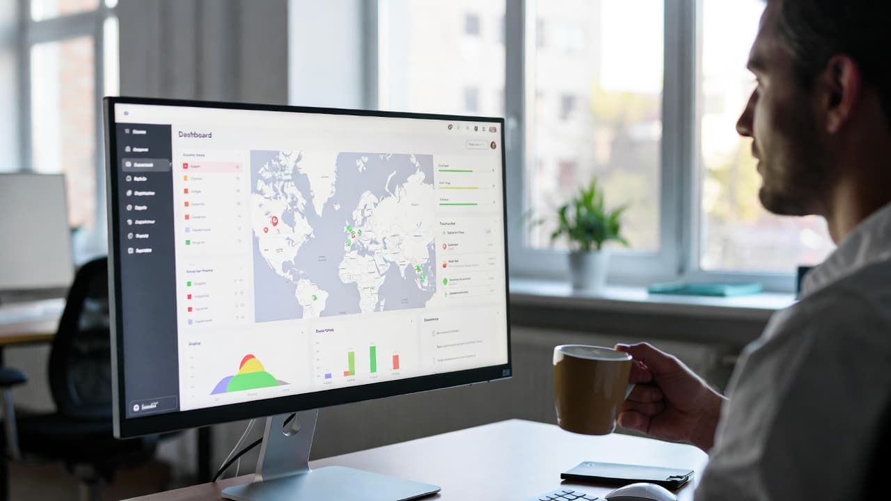 Operations manager arriving at desk reviewing clean itemit dashboard report on monitor showing asset locations and flagged items