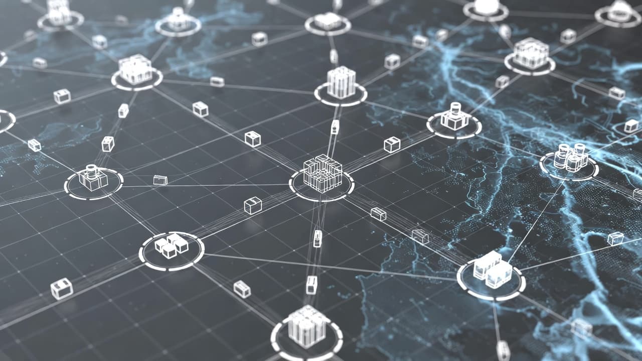 Multiple site locations connected by lines on a map with asset icons moving between them overlaid with AI neural network grid
