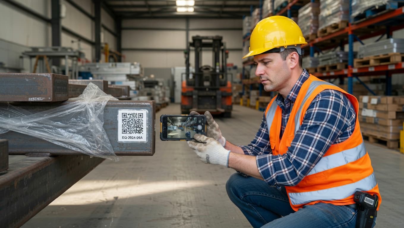 Worker on a construction site or warehouse floor scanning a QR code tag on a piece of equipment with a smartphone