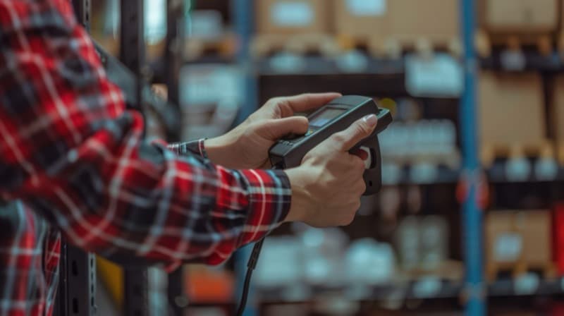 A person using a wireless barcode scanner for inventory management.