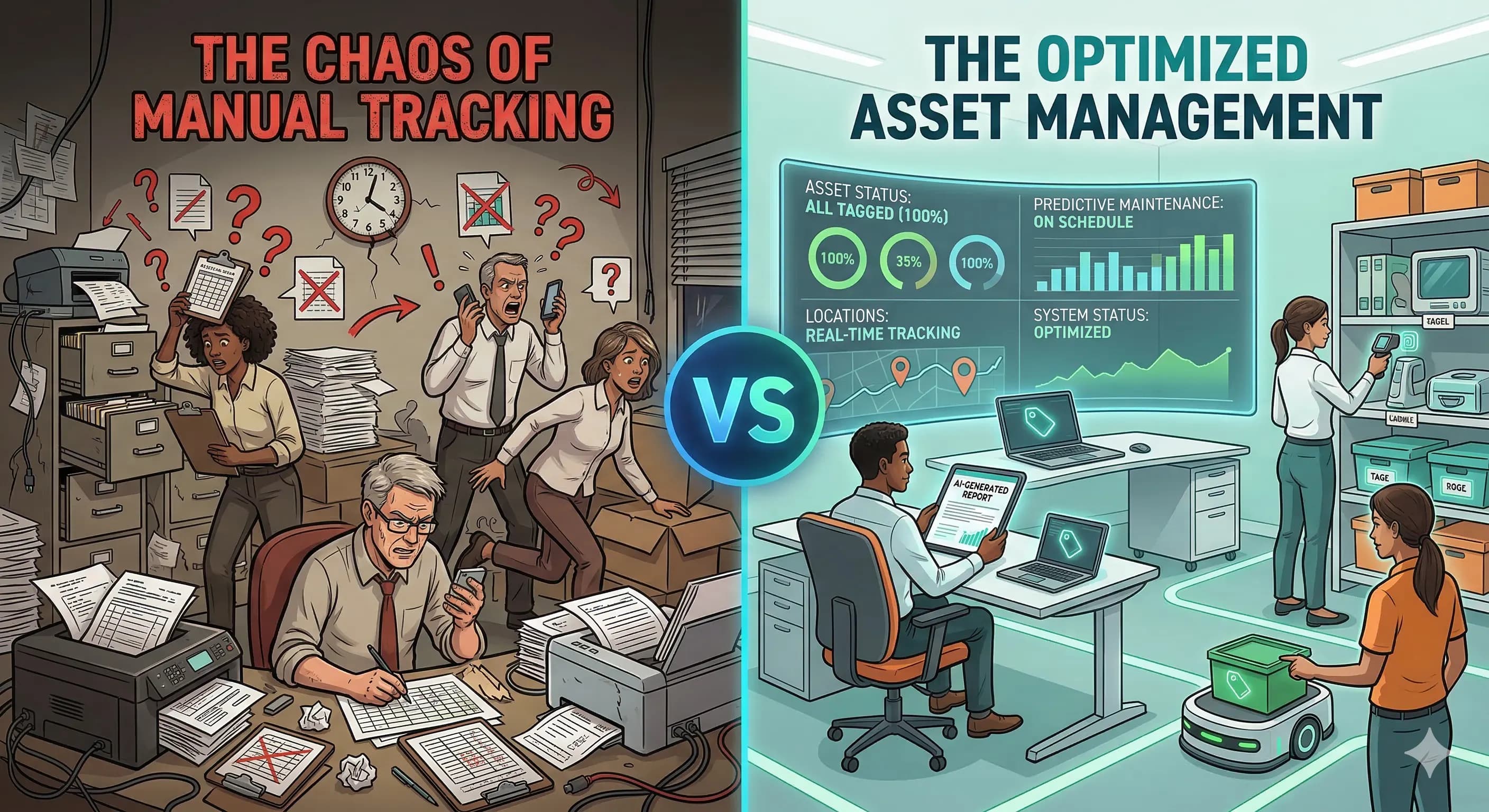 Two operations teams compared side by side showing manual clipboard chaos versus clean AI-powered asset dashboard