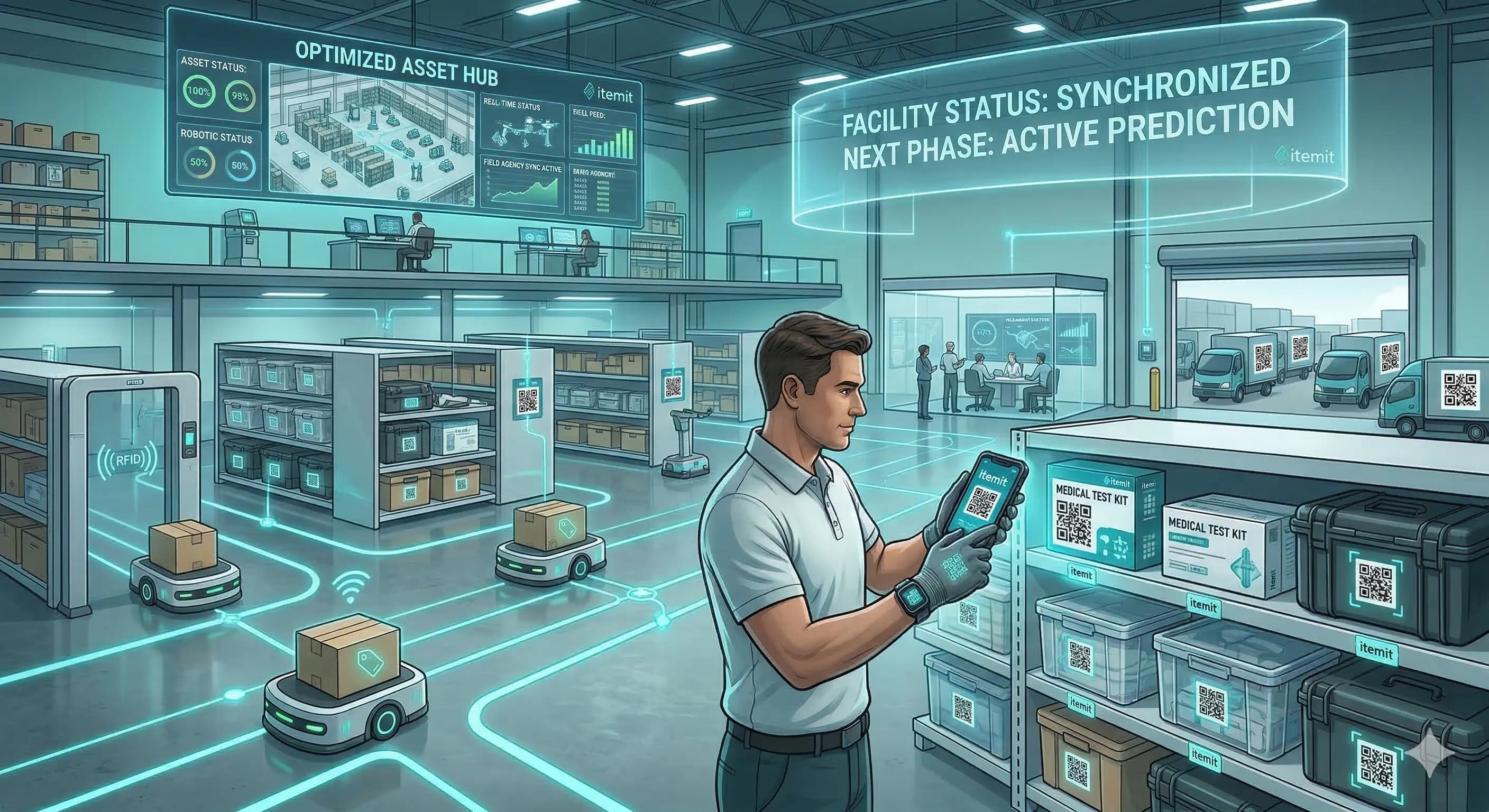Warehouse worker scanning QR code asset tag on equipment with smartphone in organised modern warehouse