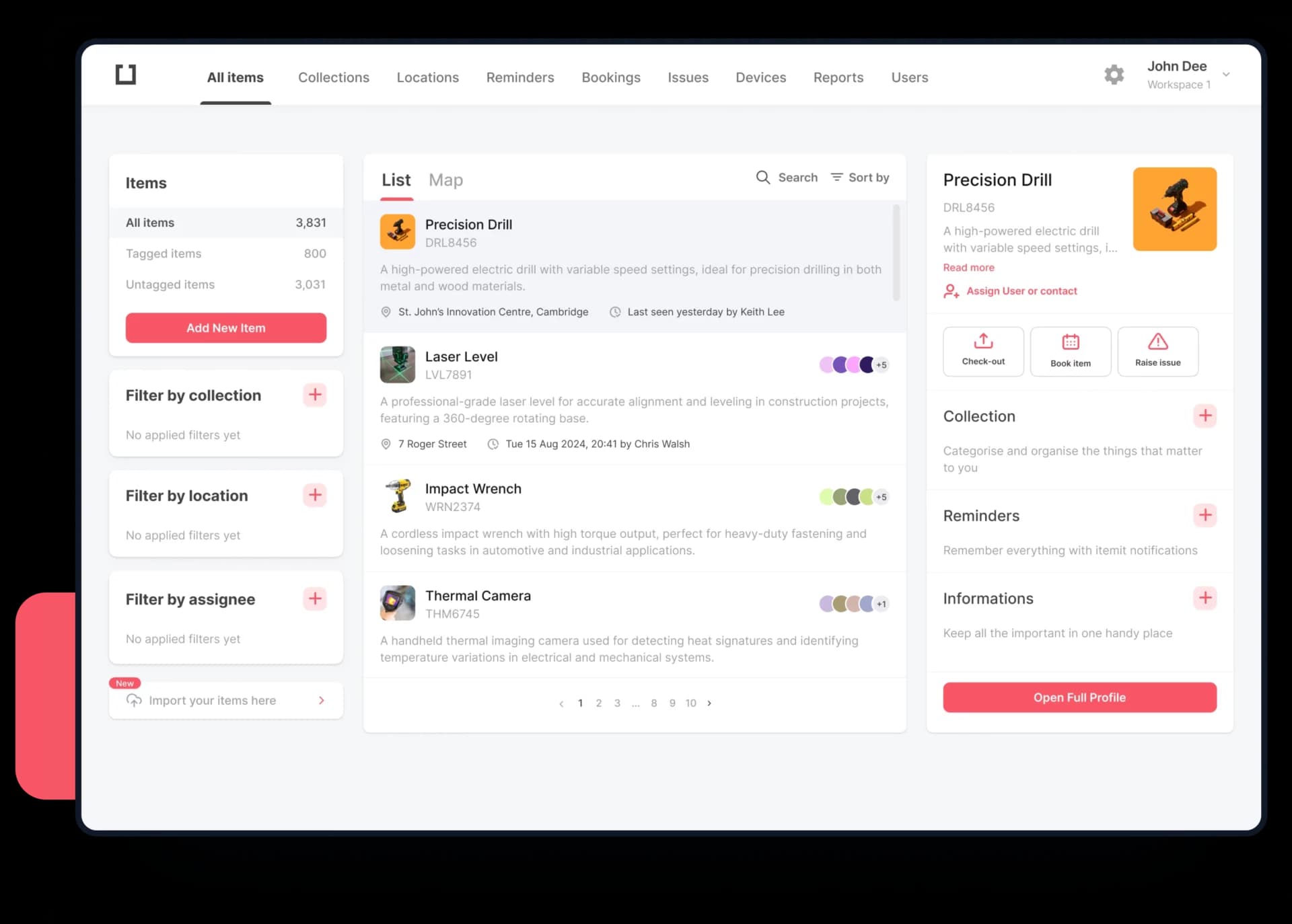Equipment Management Software — itemit dashboard showing equipment status across multiple sites
