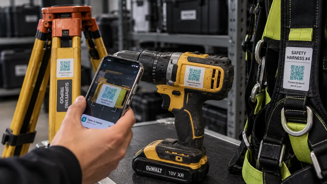 Phone scanning an itemit QR tag on a cordless drill, with a tagged surveying tripod and safety harness beside it