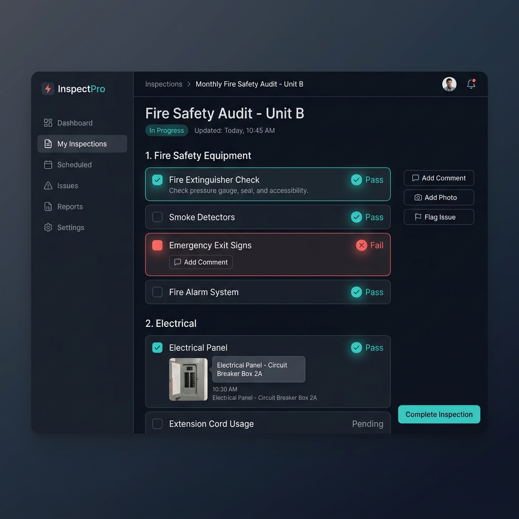 Inspection checklist software capturing a pass/fail asset inspection with photo evidence on mobile
