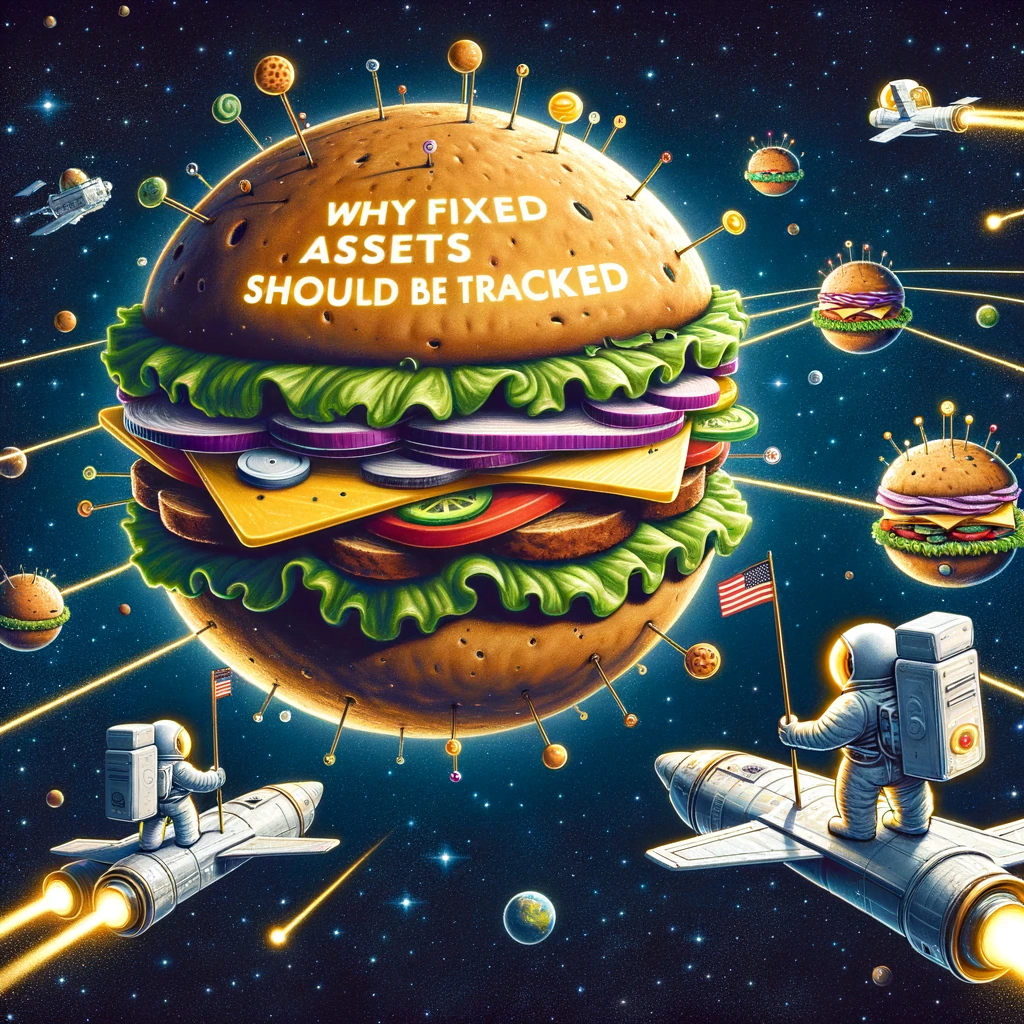 DALL·E 2023-10-30 13.38.21 – Cartoon depiction of an interstellar sandwich realm. A planet made entirely of sandwich ingredients orbits amidst the vastness of space. Spacecrafts, Why Fixed Assets Should Be Tracked