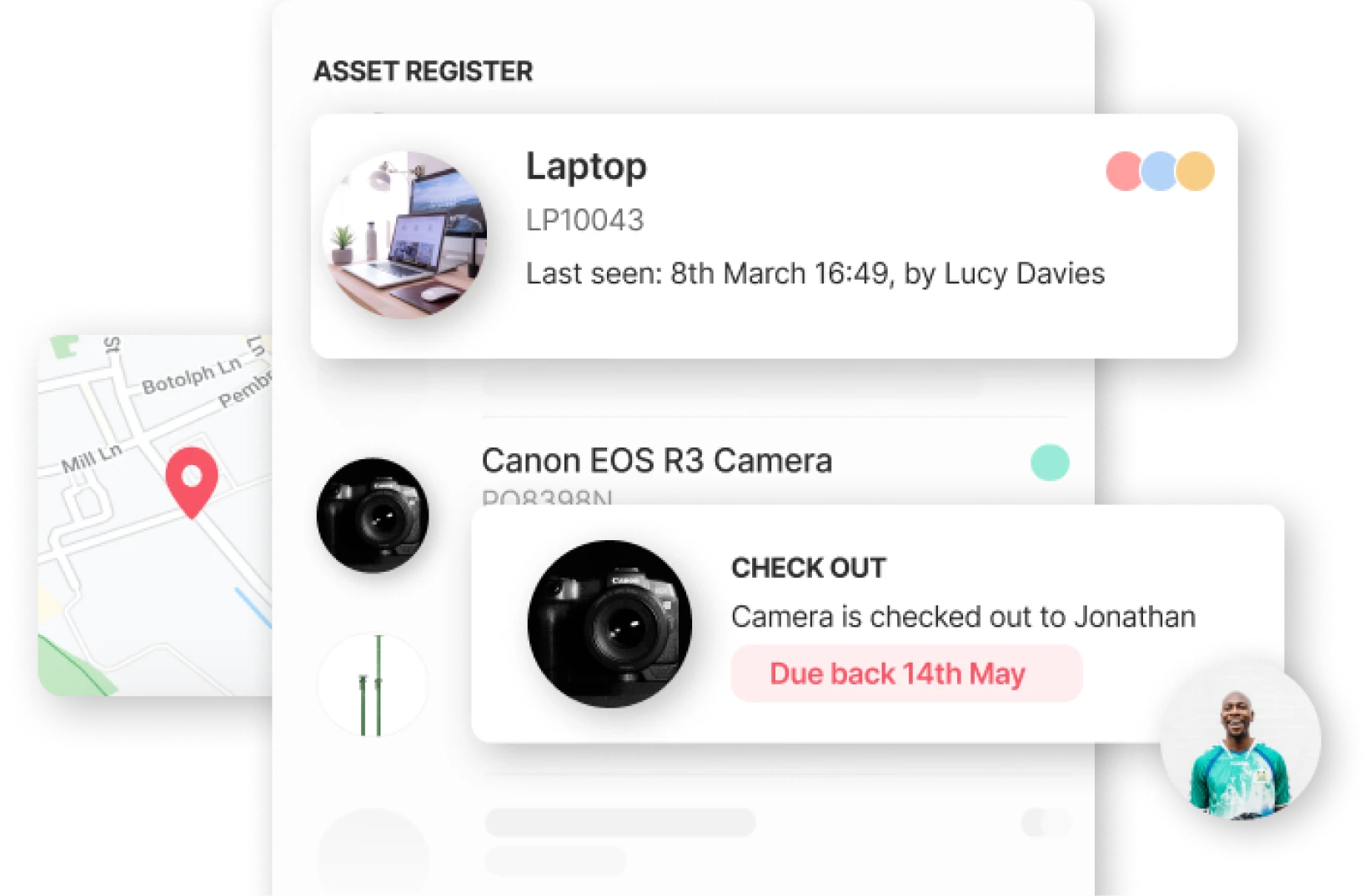 asset-register_3x Digital asset management interface showing status of a laptop and a Canon EOS R3 camera, with user details and due dates.