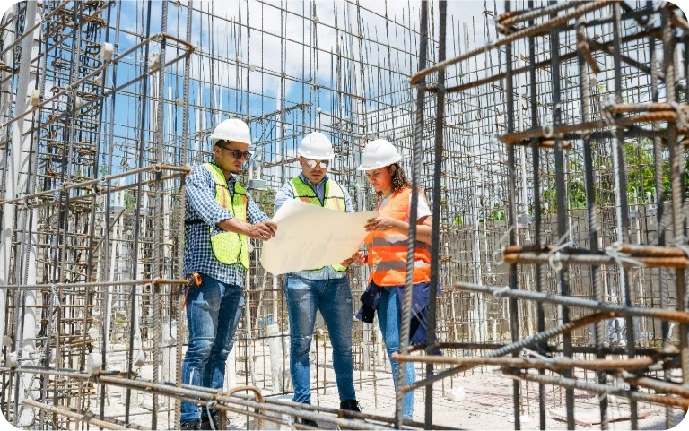 a group of people standing on top of a construction site