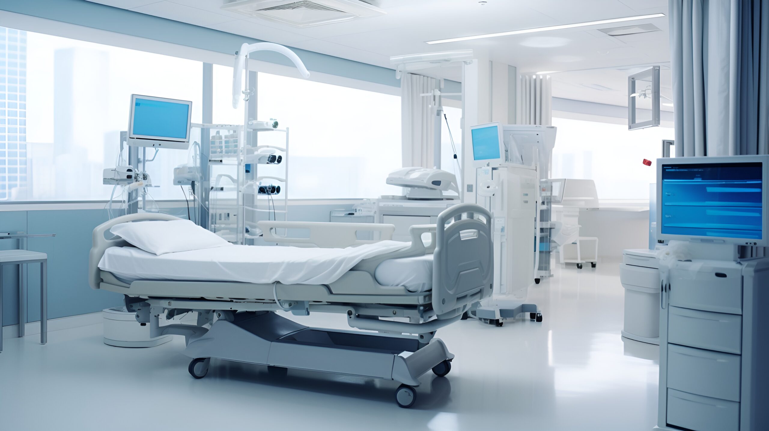 A modern hospital room with advanced medical equipment hospital room with advanced medical equipment, including a patient bed, medical monitors, and healthcare devices in a modern, sterile environment.