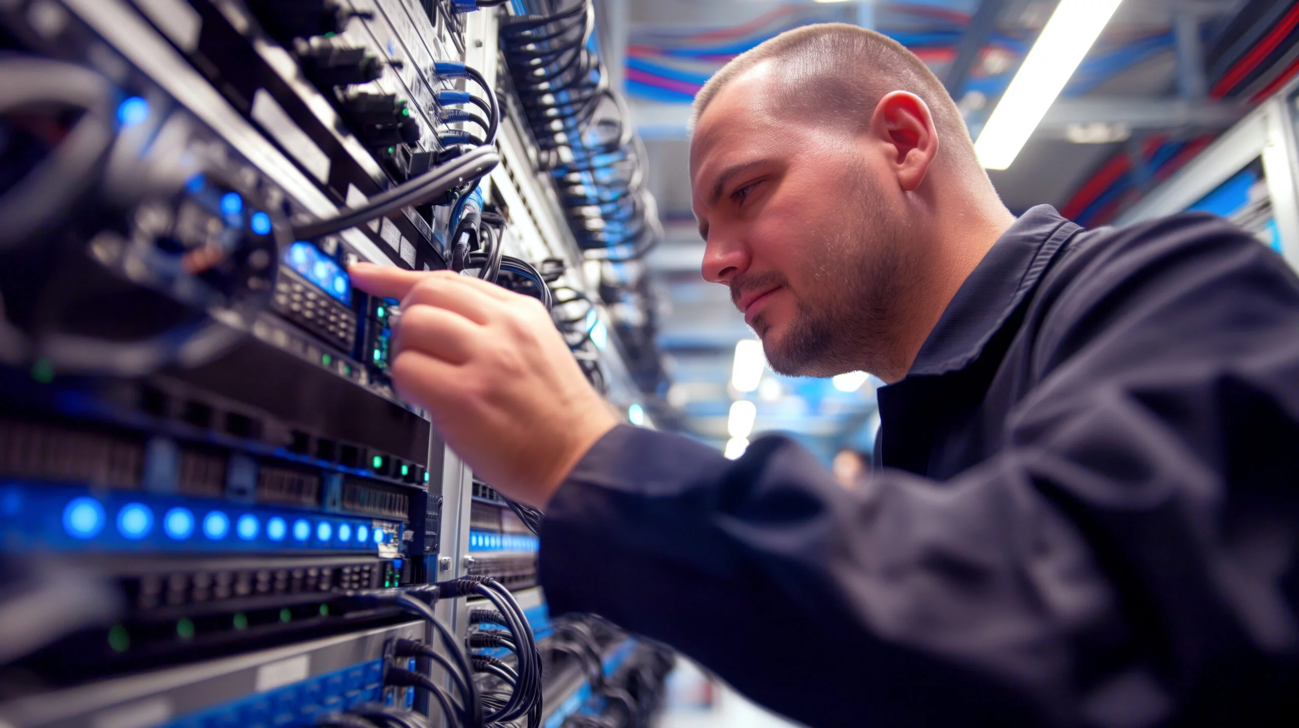 Focused technician adjusting servers in a data center with cables and lights Ways to manage inventory of IT hardware