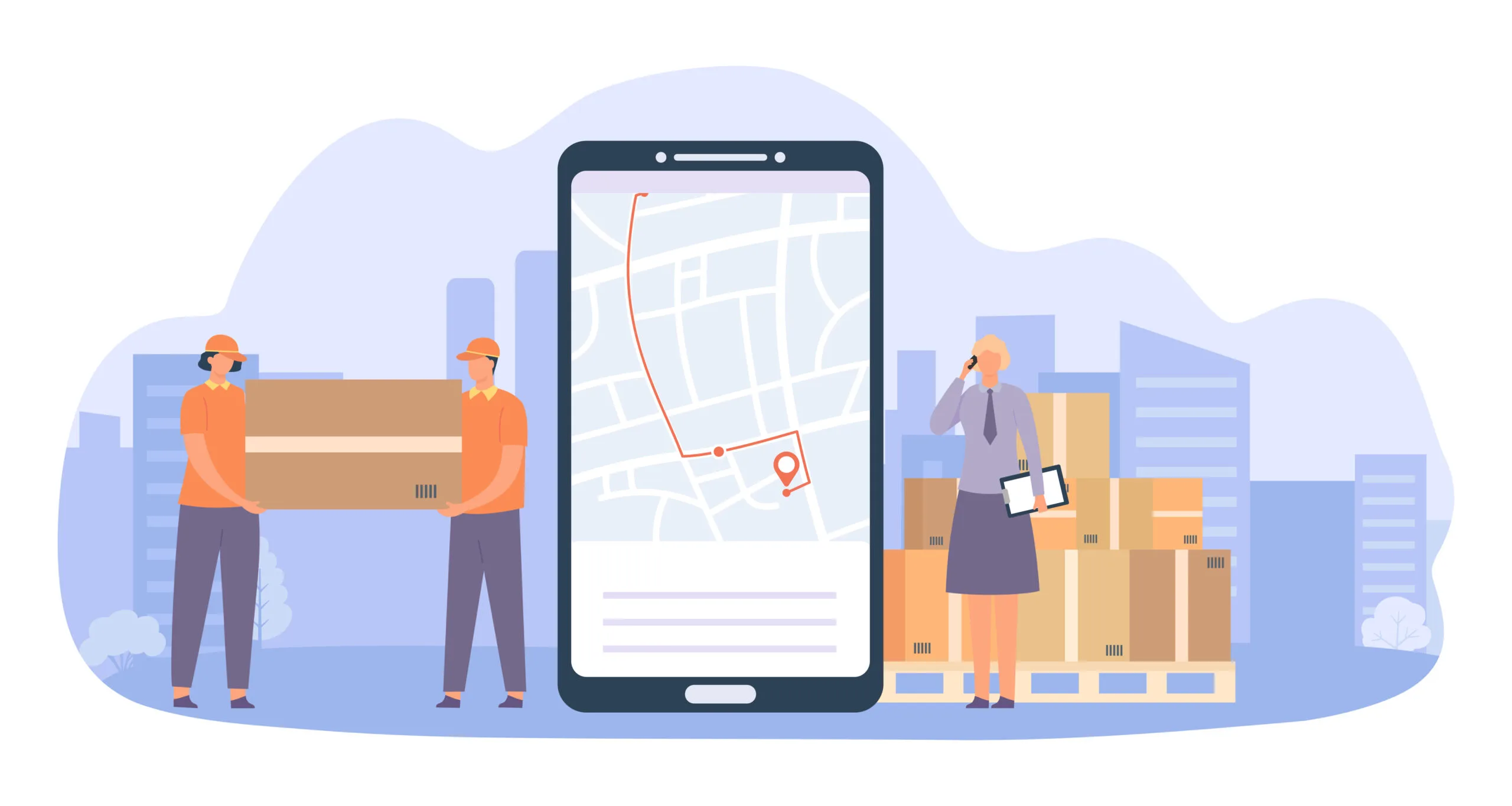 Online delivery service. Smartphone with gps navigation, man curlers carrying big parcel, manager talking on phone Optimize your inventory management plan with asset tracking