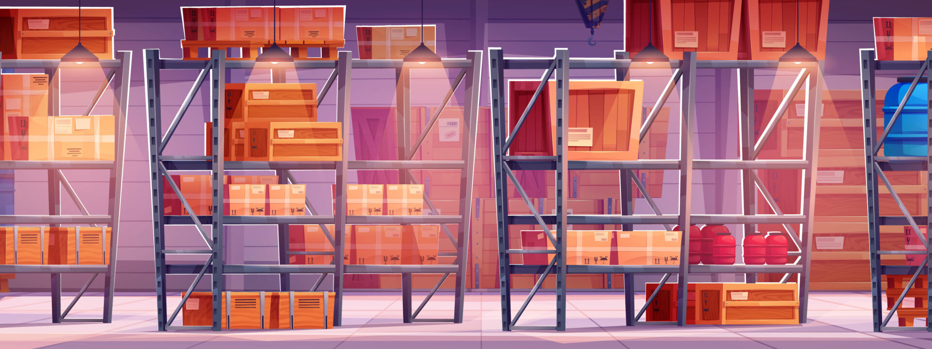 Large warehouse interior cartoon vector Construction storage